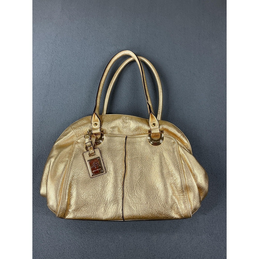B. Makowsky Satchel Bag Womens Large Gold Leather Top Handle Shoulder Purse